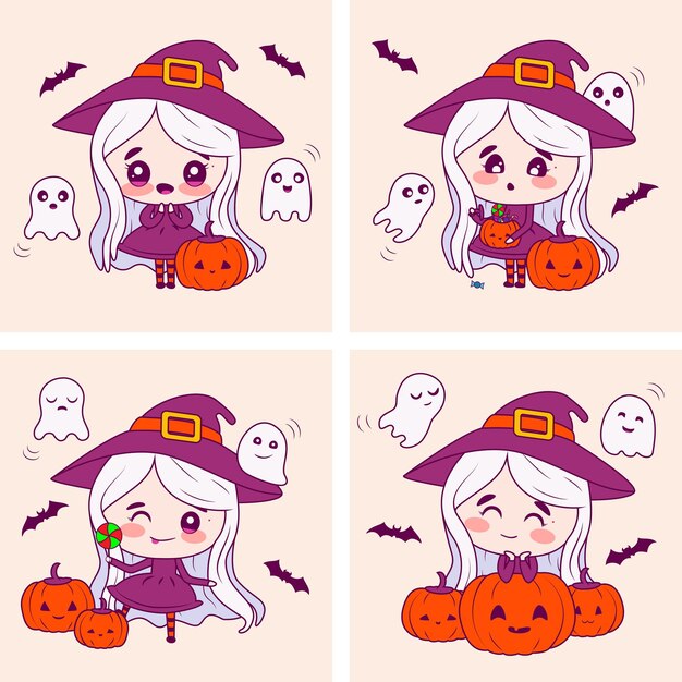 Vector halloween kawaii collection jolie fille avec des citrouilles