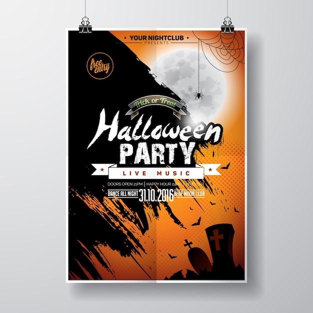 Vecteur vector halloween party flyer design avec des éléments typographiques sur fond orange. graves, chauves-souris et lune.
