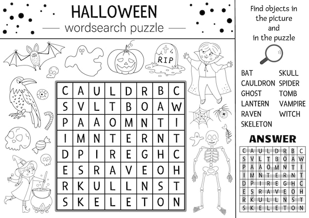 Vector Halloween Puzzle De Recherche De Mots Noir Et Blanc Pour Les Enfants Mots Croisés Simples Ou Page De Coloriage Avec Maison Hantée Et Choses Effrayantes Activité De Mot Clé Avec Drôle De Sorcière Vampire Fantôme Batxa