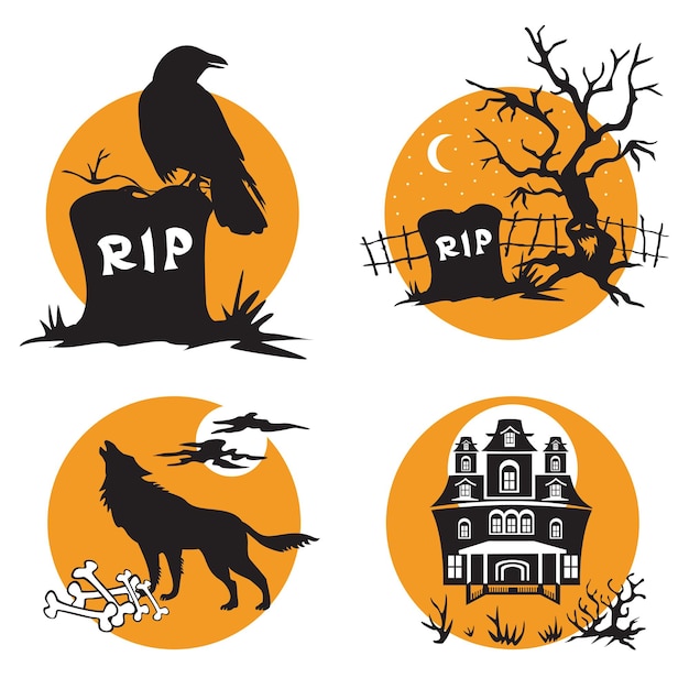 Vector Halloween Set Illustration Avec Des Personnages De Corbeau D'halloween, Tombe Avec Un Arbre, Loup-garou, Maison Hantée.