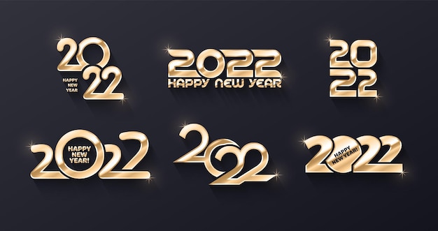 Vector Happy New Year 2022 Golden Premium Brillant Logo Différentes Variations Collection de Design 3D sur fond bleu foncé. Éléments de conception de typographie métallique or modèle Happy New Years. Réveillon de Nouvel an