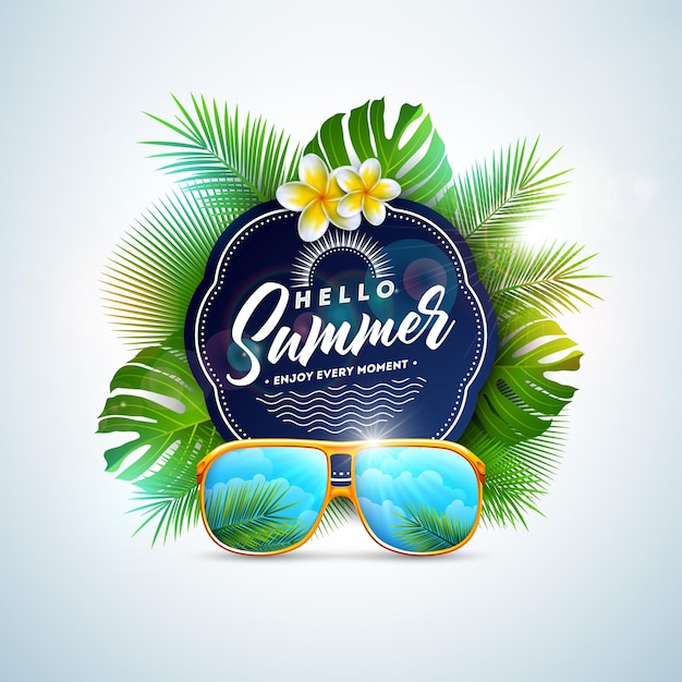 Vector Hello Summer Time Illustration De Vacances Sur Fond Clair Plantes Tropicales Flower Suglasses