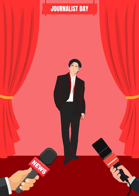 Vector d'un homme sur le tapis rouge servant une interview à un journaliste