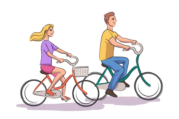 Vector Illustration Couple Romantique La Vie Quotidienne Ensemble. Homme Et Femme Faisant Du Vélo