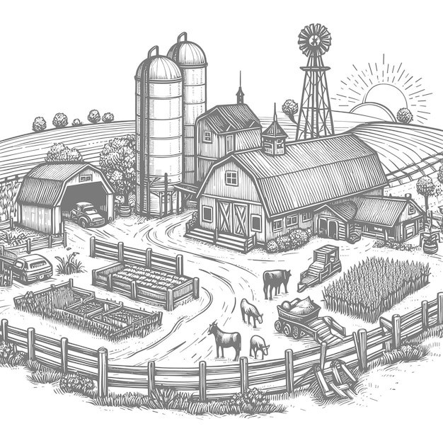 Vector d'illustration de croquis de paysage en noir et blanc sur le terrain de la ferme