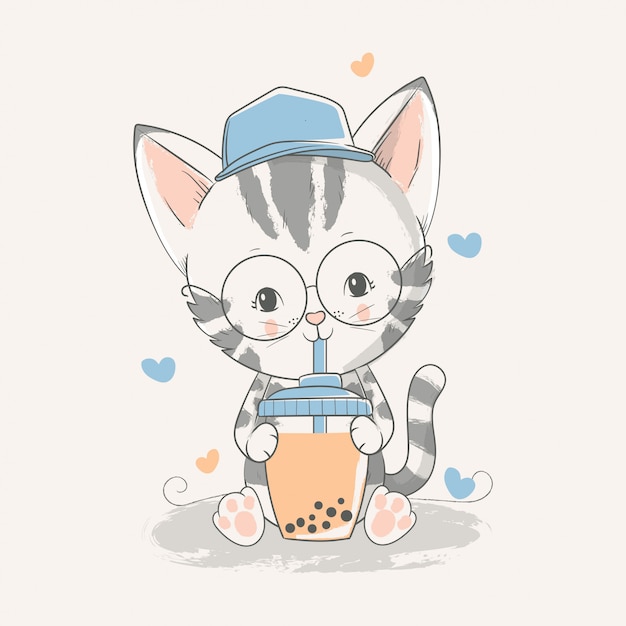 Vector Illustration Dessinée à La Main D'un Chaton Bébé Mignon Avec Un Thé Glacé.