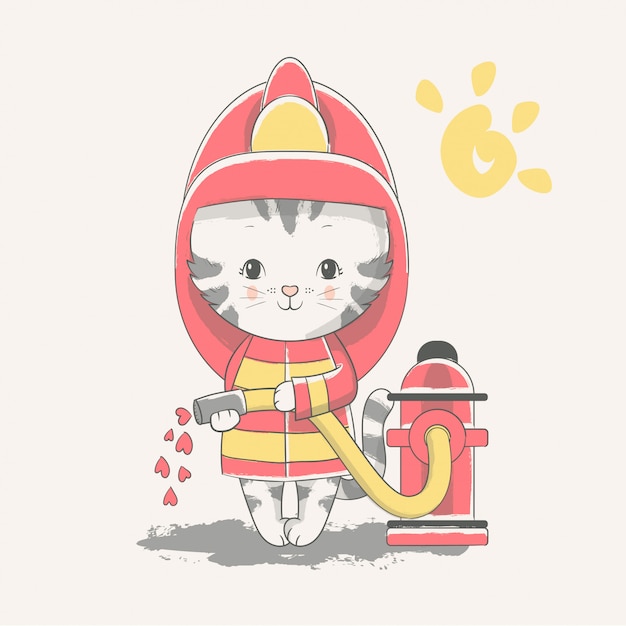 Vector illustration dessinée à la main d'un pompier chaton bébé mignon