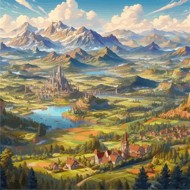 Vecteur vector d'illustration du paysage du château fantastique avec des montagnes et des forêts