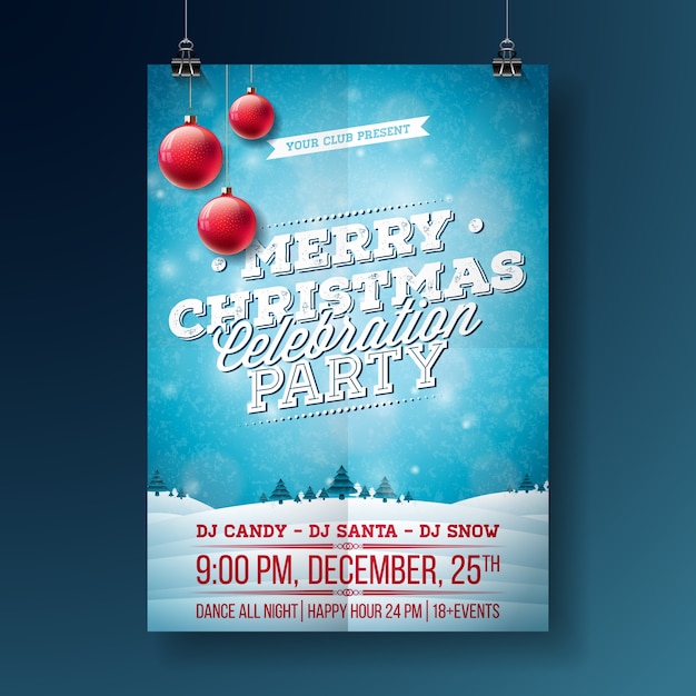 Vector Illustration De Flyer Party Joyeux Noël Avec Des éléments De Typographie Et De Vacances Sur Fond Bleu. Modèle D'affiche De Paysage D'hiver.