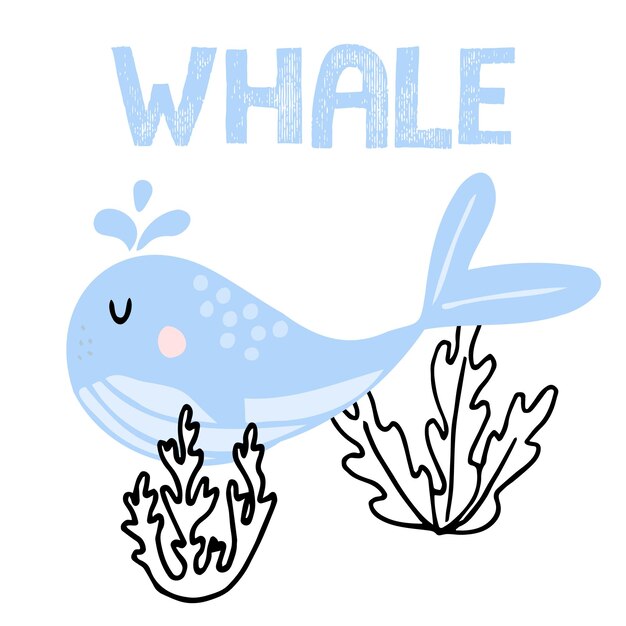 Vector Illustration Pour Enfants Dessinée à La Main D'une Jolie Baleine Bleue Une Baleine Nageant Près Des Algues