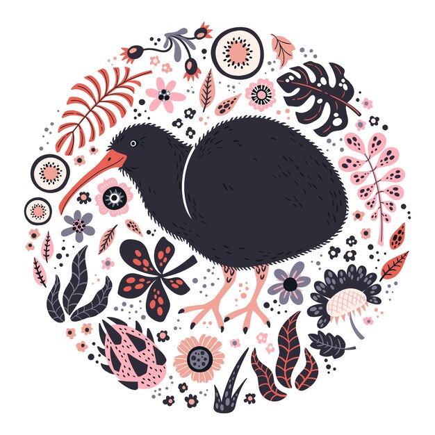 Vector Illustrations Dessinées à La Main Plate. Kiwi Mignon Avec Des Plantes Et Des Fleurs.
