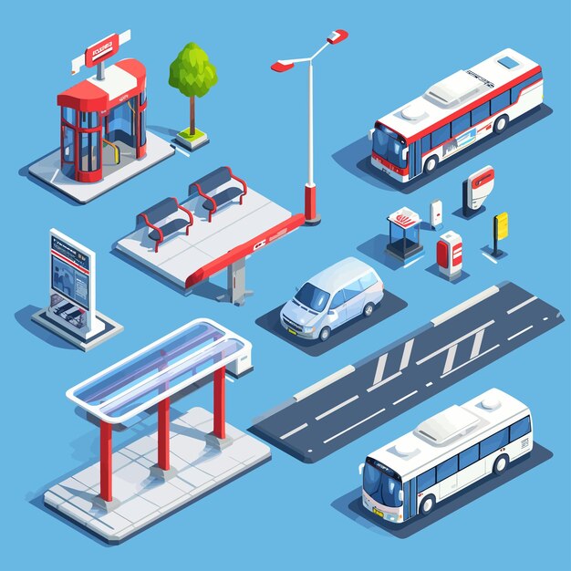 Vector_isometric_bus_stop_concept_objects_set (ensemble De Vecteurs Isométriques)