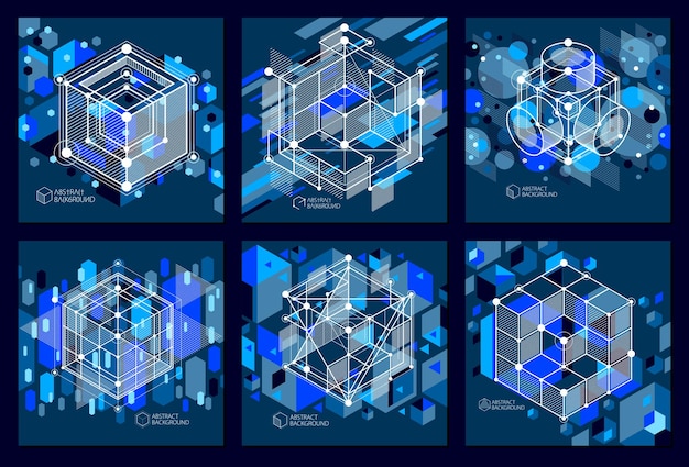 Vecteur vector isométrique moderne abstrait arrière-plans bleu foncé assis avec élément géométrique disposition de cubes hexagones carrés rectangles et différents éléments abstraits