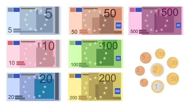 Vecteur vector de jeu d'icônes de billets d'euro de couleur de dessin animé