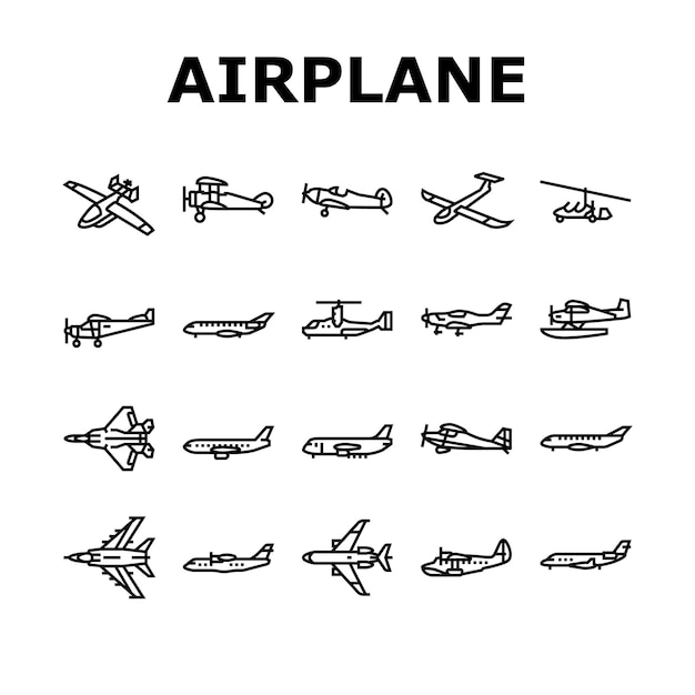 Vector de jeu d'icônes de voyage d'avion