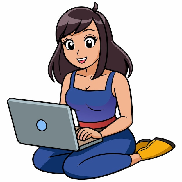 Vector jeune femme attrayante travaille sur un ordinateur portable assis sur le sol