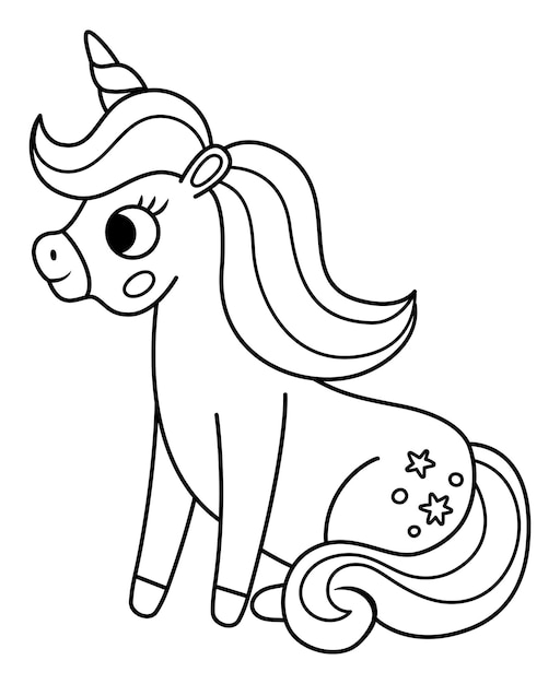 Vector licorne noir et blanc avec corne et crinière Animal de ligne fantastique assis personnage de cheval de conte de fées pour enfants Icône de créature magique de dessin animé ou page de coloriage
