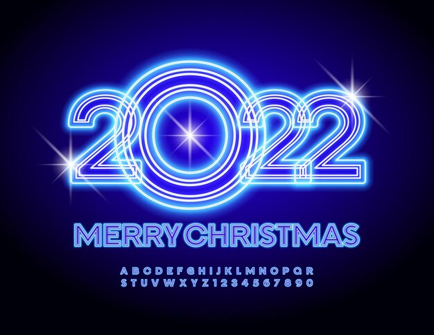 Vector lumineux brillant carte de voeux joyeux Noël 2022 Creative Neon Font Trendy Alphabet set