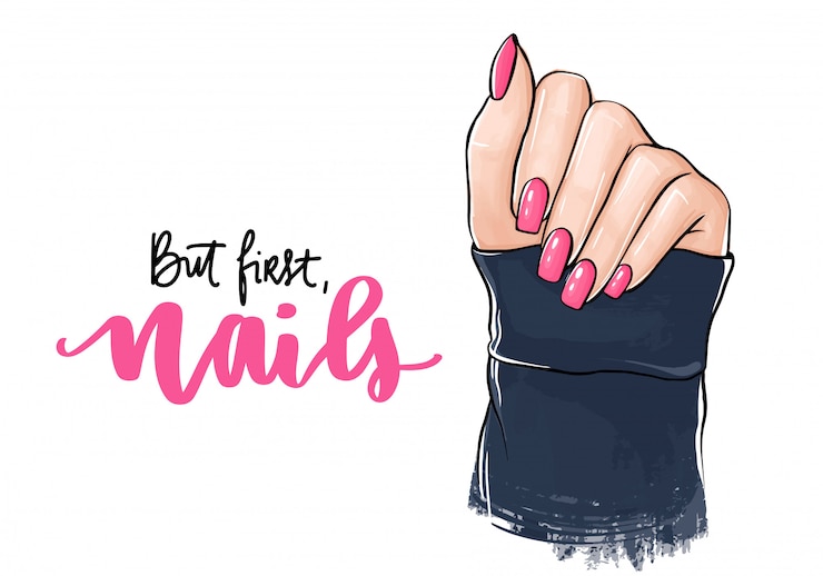 Vecteur vector mains de belle femme avec du vernis à ongles rose. lettrage manuscrit sur les ongles.