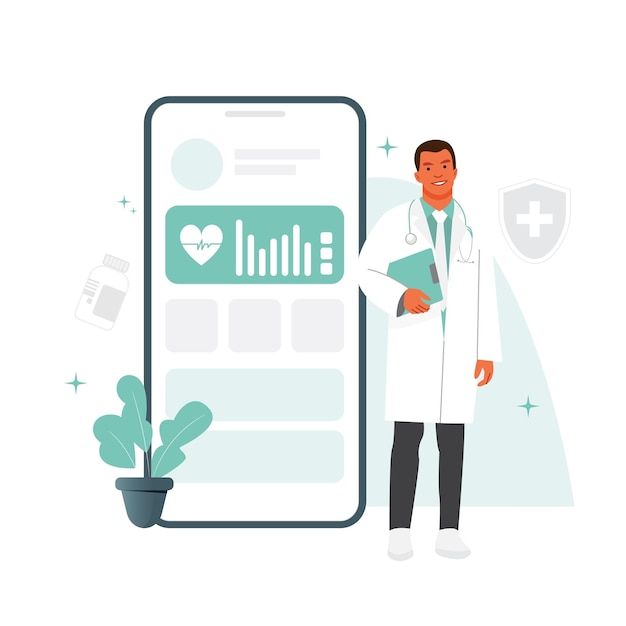 Vector d'un médecin masculin debout à côté d'une application de santé mobile