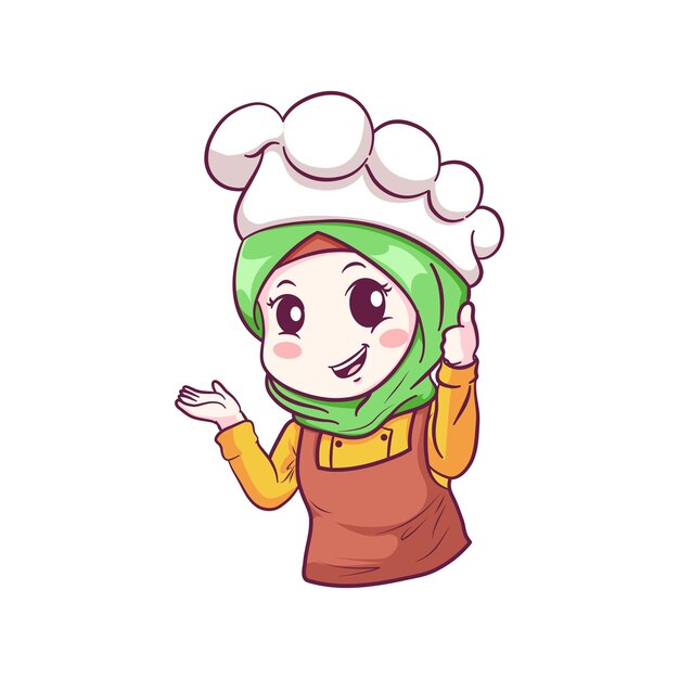 Vector mignon et kawaii chef musulmane portant un hijab avec un délicieux signe personnage de dessin animé chibi