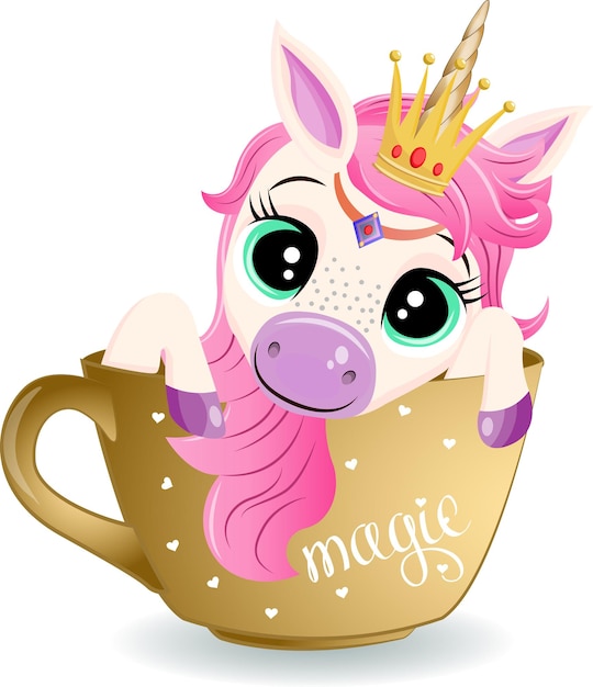 Vector Mignonne Petite Licorne Assise à L'intérieur De La Tasse