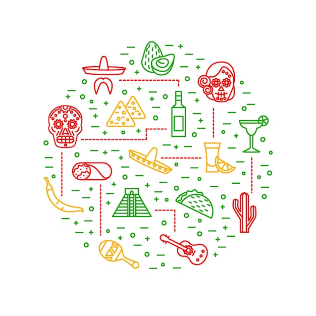 Vector De Modèles De Conception Ronde à Lignes Minces Pour Les Panneaux De Signalisation Des Voyages Et Du Tourisme Mexicains