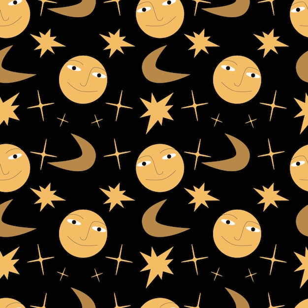 Vector motif mystique sans couture Face souriante de la lune et étoiles sur fond noir