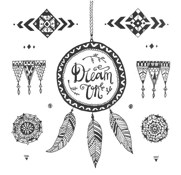 Vector Motifs tribaux dessinés à la main avec trait, ligne, éléments décoratifs, plumes, symboles géométriques style aztèque. Capteur de rêves, rêve de calligraphie. Conception bohème
