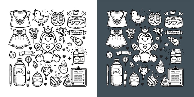 Vecteur vector nouveau baby born doodle line art illustration un ensemble ludique d'icônes de bébés dessinées à la main
