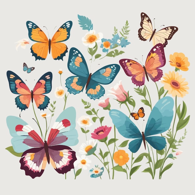 Vector de papillons et de fleurs sur fond blanc