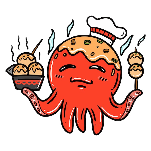 Vecteur vector de la pieuvre style dessin animé tient takoyaki pour la mascotte de takoyaki