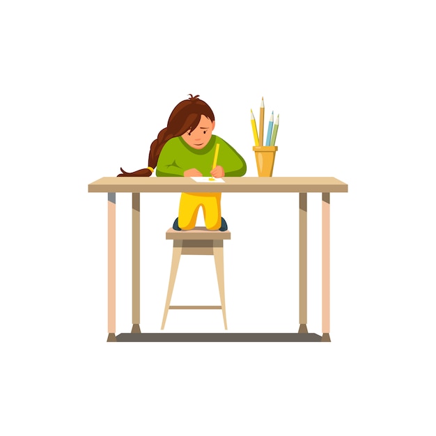 Vector plate petite fille faire ses devoirs dessiner leçon.