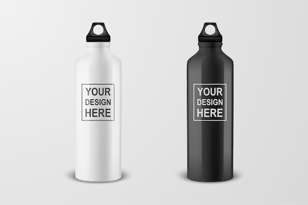 Vector réaliste 3d blanc et noir bouteille d'eau en métal brillant vide avec bonde noire icon set libre sur fond blanc. Modèle de conception de maquette d'emballage pour les graphiques. Vue de face.