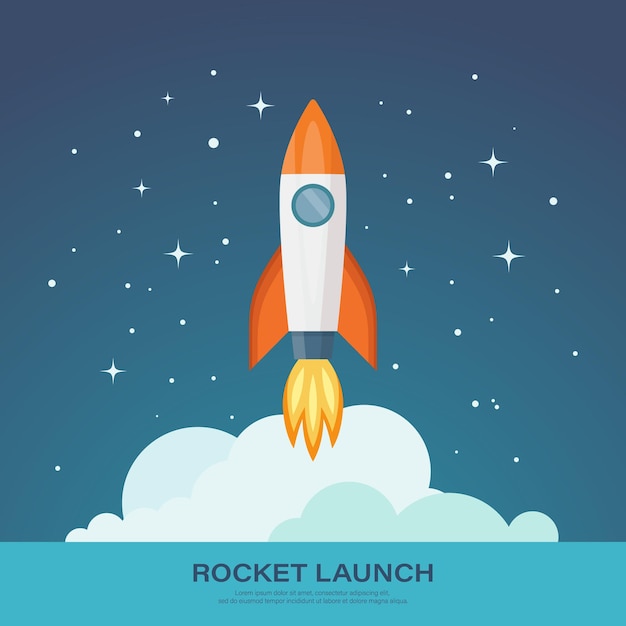 Vector Retro Red et White Space Rocket Ship Lancement sur le ciel spatial À l'arrière-plan Design de fusée spatiale Modèle pour les entreprises Processus de développement de projets Idea créative etc.