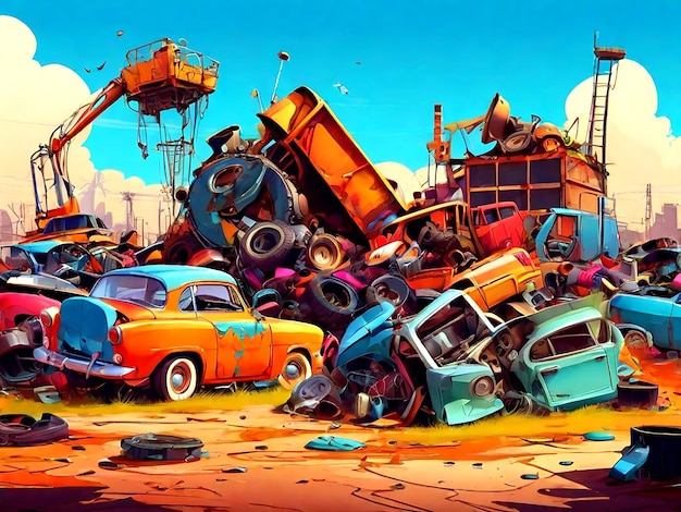 Vector Scrapyard Junkyard Est Une Scène De Dessin Animé En Plein Air Dynamique Isolée Ai_generated