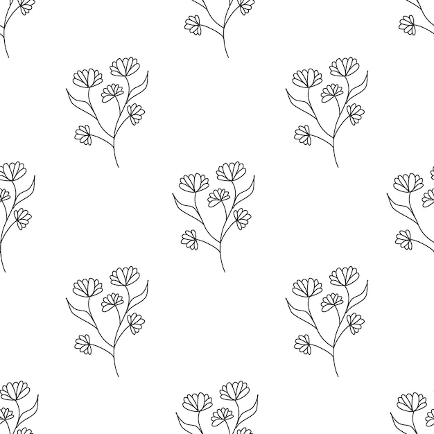 Vecteur vector seamles motif floral silhouettes noires abstrait floral botanique vintage fond contour noir et blanc plantes de prairie