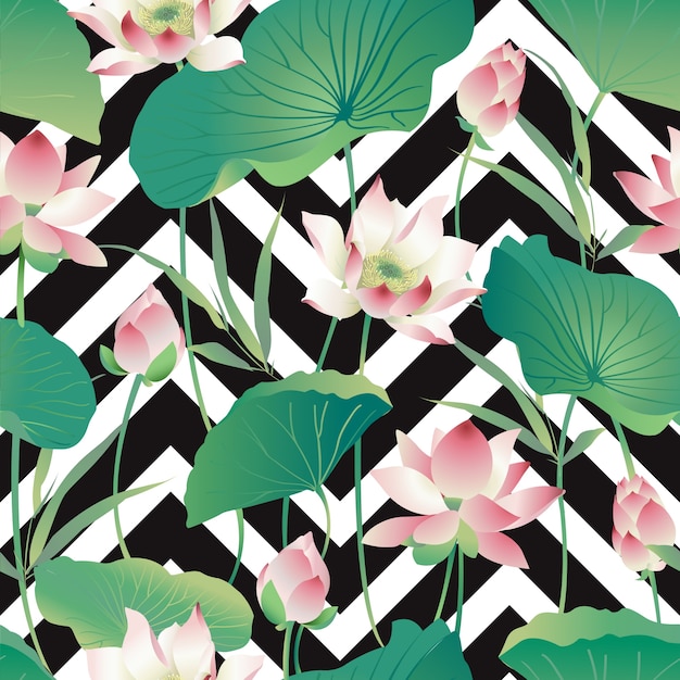 Vector seamless pattern lotus fleurs et feuilles aquarelle