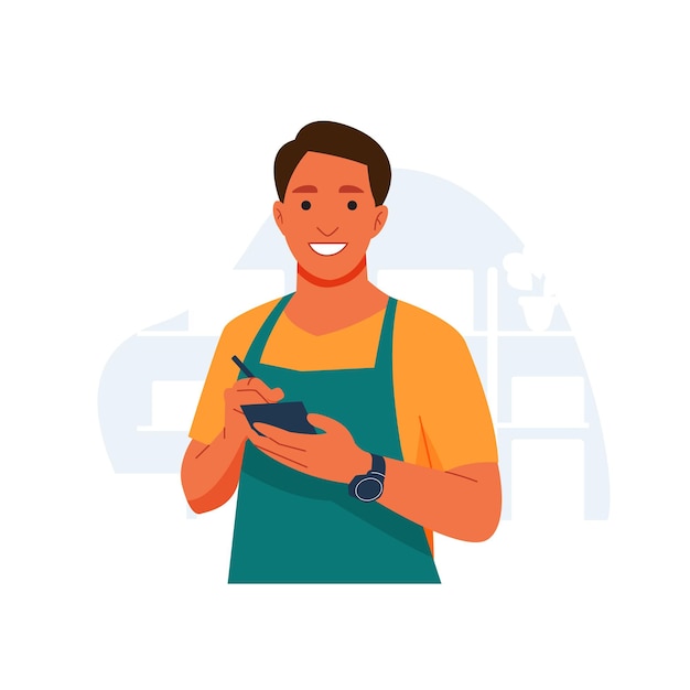 Vector de serveuse homme dans le restaurant écrire des commandes de client