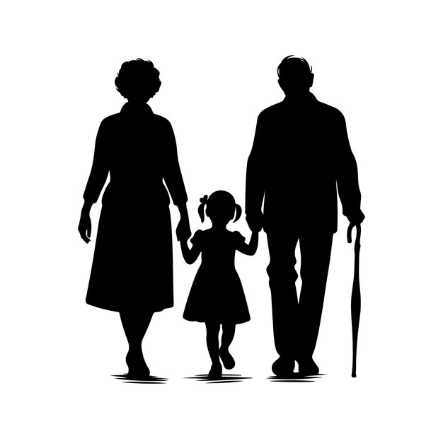 Vecteur vector de silhouette des grands-parents marchant avec leur petite-fille icône d'illustration