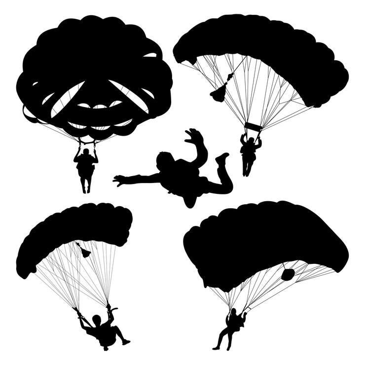 Vecteur vector de silhouettes de saut en parachute ou de parapente