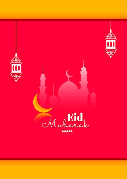 Vecteur vector souhaits eid mubarak ou affiche de salut avec le croissant et la lanterne avec la mosquée islamique