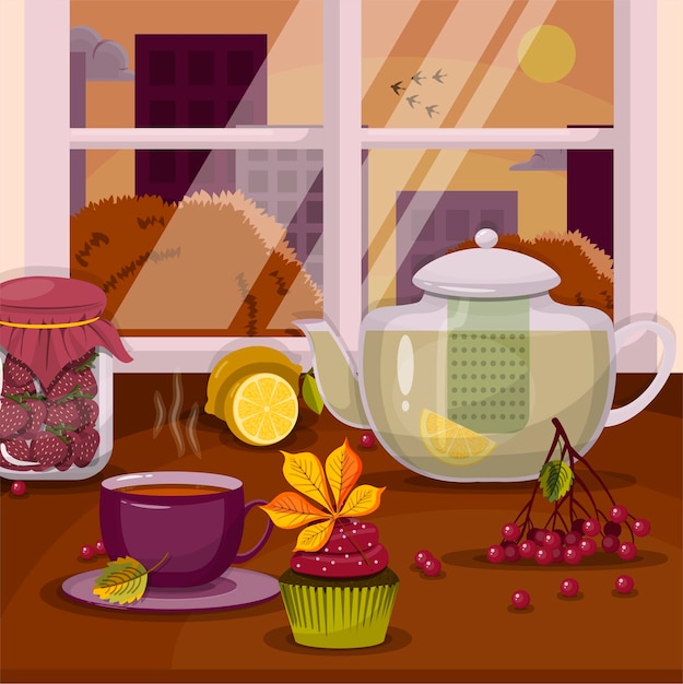 Vector Une Théière Une Tasse Et Un Petit Gâteau Sur Le Rebord De La Fenêtre Avec Un Paysage D'automne Jour De Thanksgiving