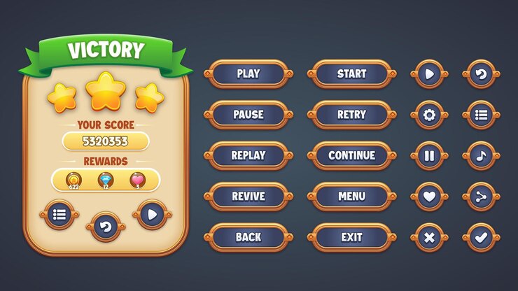 Vecteur vector thème argent premium jeu kit d'interface utilisateur set de scène de menu de victoire pop-up icônes et boutons