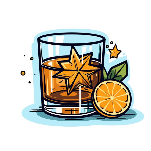 Vecteur vector d'un verre de whisky avec une tranche d'orange sur une table en bois