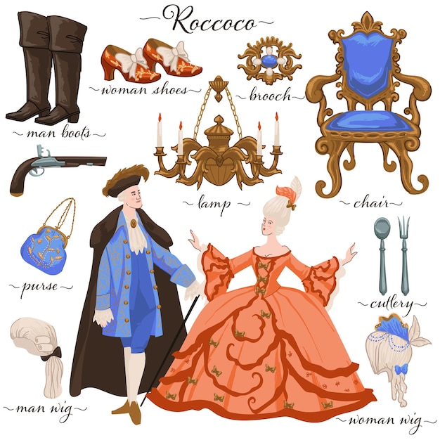 Vecteur vector de vêtements et de meubles de l'époque rococo