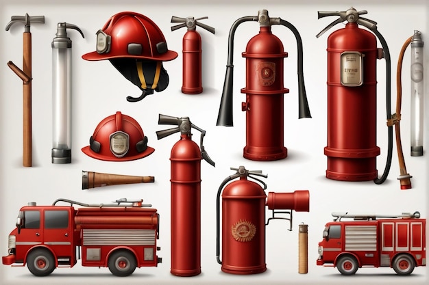 Vecteur véhicule de pompiers avec équipement caractères de pompier avec hydrant d'extincteur de transport de sauvetage rouge