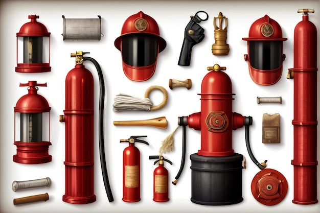 Vecteur véhicule de pompiers avec équipement caractères de pompier avec hydrant d'extincteur de transport de sauvetage rouge