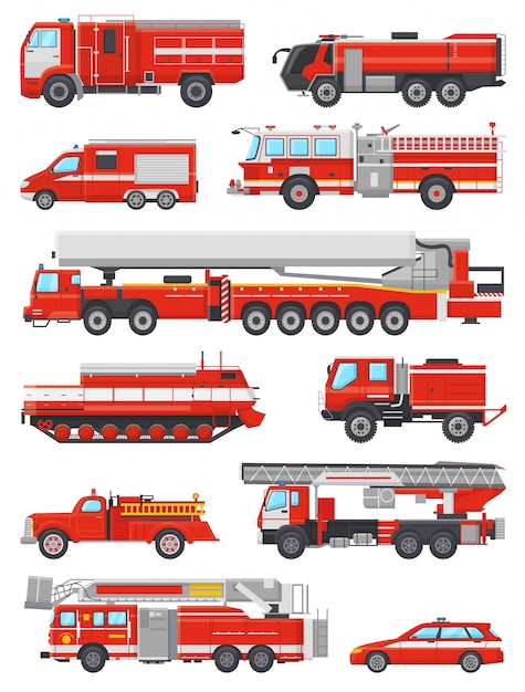 Véhicule D'urgence Pompier Vecteur Véhicule De Pompier Ou Camion De Pompier Rouge Avec Firehose Et échelle Illustration Ensemble De Transport De Voiture Ou Moteur De Pompiers Pompiers Isolé