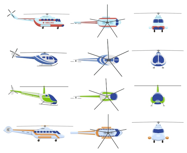 Vecteur véhicules d'avion d'hélicoptère. avia transport, hélicoptère de sauvetage urbain, privé et médical.